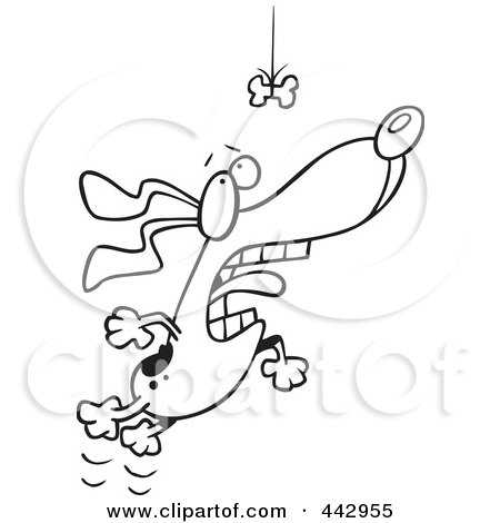Royalty-Free (RF) Clip Art Illustration of a Cartoon Black And White Outline Design Of A Motivated Dog Leaping For A Suspended Bone by toonaday