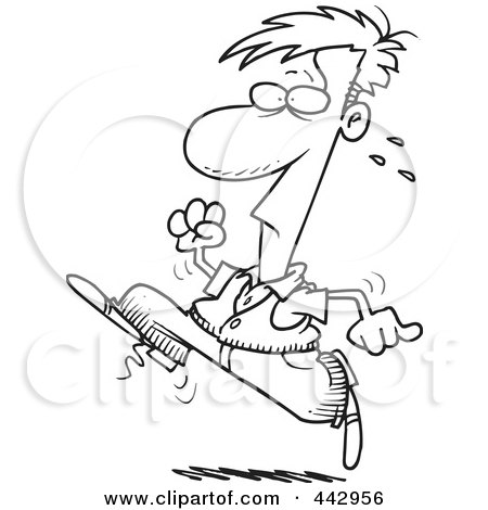 Royalty-Free (RF) Clip Art Illustration of a Cartoon Black And White Outline Design Of A Man Running by toonaday