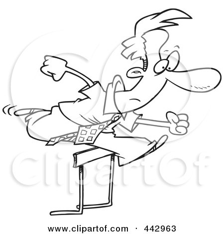 Royalty-Free (RF) Clip Art Illustration of a Cartoon Black And White Outline Design Of A Businessman Leaping Over A Hurdle by toonaday