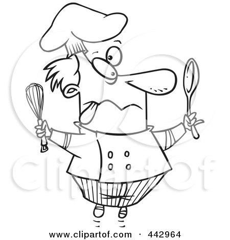 Royalty-Free (RF) Clip Art Illustration of a Cartoon Black And White Outline Design Of A Crazy Chef by toonaday