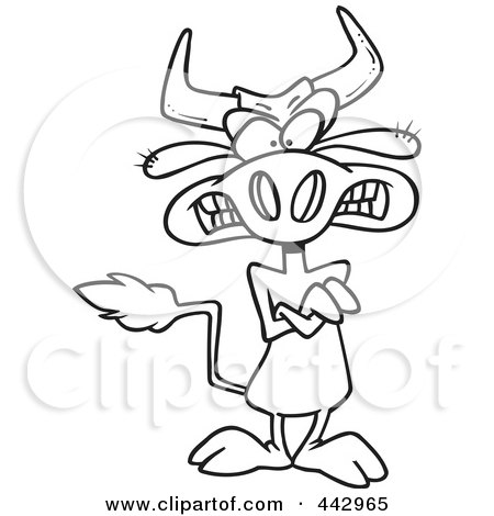 Royalty-Free (RF) Clip Art Illustration of a Cartoon Black And White Outline Design Of A Mad Cow With Folded Arms by toonaday