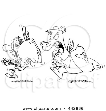 Royalty-Free (RF) Clip Art Illustration of a Cartoon Black And White Outline Design Of A Hungry Bear Chasing A Hunter by toonaday