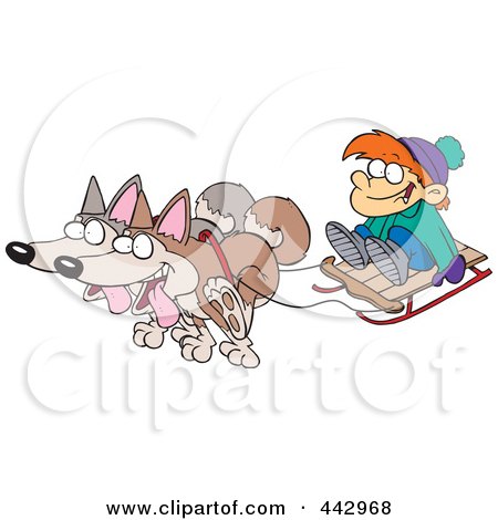Royalty-Free (RF) Clip Art Illustration of Cartoon Huskies Pulling A Boy On A Sled by toonaday