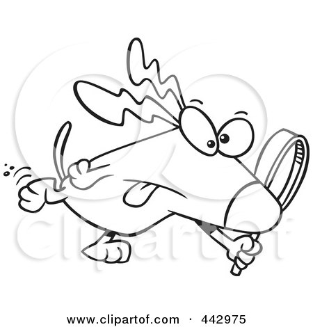 Royalty-Free (RF) Clip Art Illustration of a Cartoon Black And White Outline Design Of A Searching Dog by toonaday