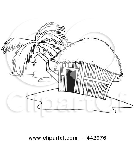 Royalty-Free (RF) Clip Art Illustration of a Cartoon Black And White Outline Design Of A Tropical Hut On An Island by toonaday