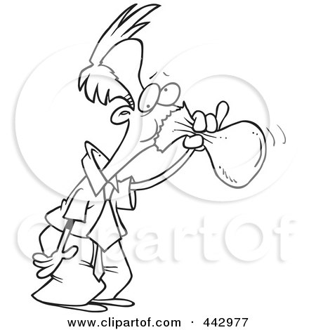 Royalty-Free (RF) Clip Art Illustration of a Cartoon Black And White Outline Design Of A Businessman Hyperventilating Into A Bag by toonaday