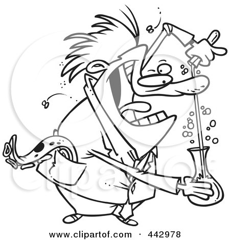 Royalty-Free (RF) Clip Art Illustration of a Cartoon Black And White Outline Design Of A Mad Scientist Mixing Chemicals by toonaday