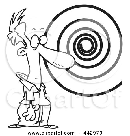 Royalty-Free (RF) Clip Art Illustration of a Cartoon Black And White Outline Design Of A Hypnotized Man Staring At A Spiral by toonaday