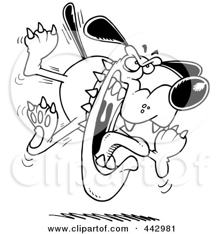 Royalty-Free (RF) Clip Art Illustration of a Cartoon Black And White Outline Design Of A Mad Attacking Dog by toonaday