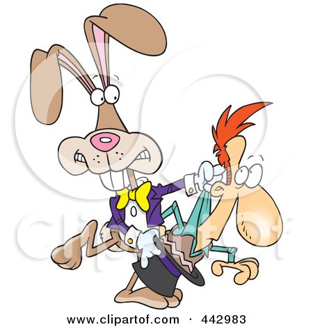 Royalty-Free (RF) Clip Art Illustration of a Cartoon Magician Rabbit Pulling A Man Out Of A Hat by toonaday