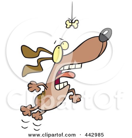 Royalty-Free (RF) Clip Art Illustration of a Cartoon Motivated Dog Leaping For A Suspended Bone by toonaday