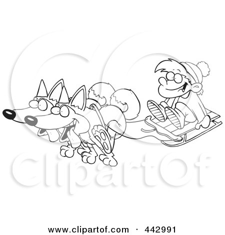 Royalty-Free (RF) Clip Art Illustration of a Cartoon Black And White Outline Design Of Huskies Pulling A Boy On A Sled by toonaday