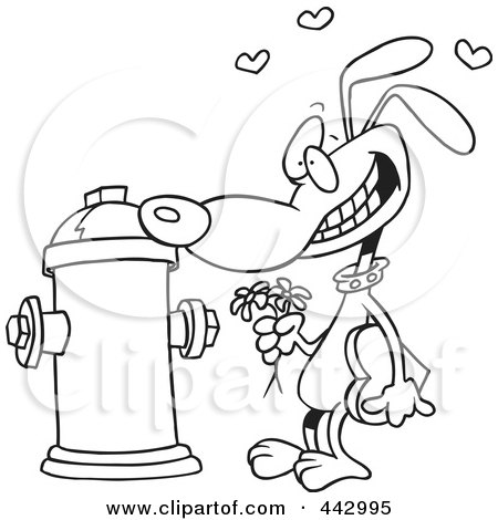 Royalty-Free (RF) Clip Art Illustration of a Cartoon Black And White Outline Design Of A Dog Trying To Court A Fire Hydrant by toonaday