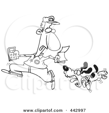 Royalty-Free (RF) Clip Art Illustration of a Cartoon Black And White Outline Design Of A Dog Chasing The Meter Man by toonaday
