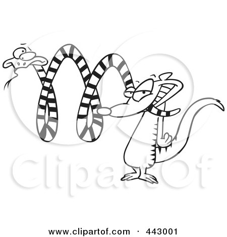 Royalty-Free (RF) Clip Art Illustration of a Cartoon Black And White Outline Design Of A Mongoose Attacking A Snake by toonaday