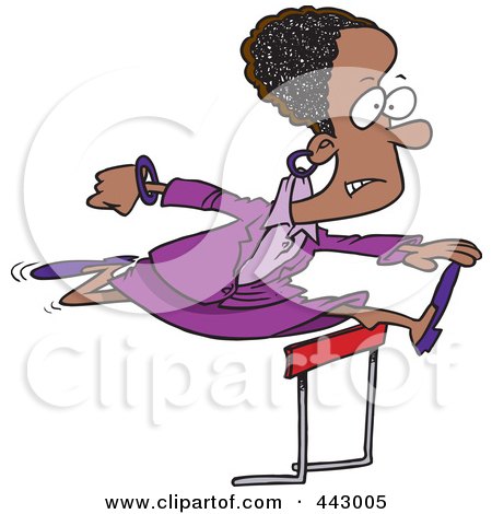 Royalty-Free (RF) Clip Art Illustration of a Cartoon Black Businesswoman Leaping Over A Hurdle by toonaday