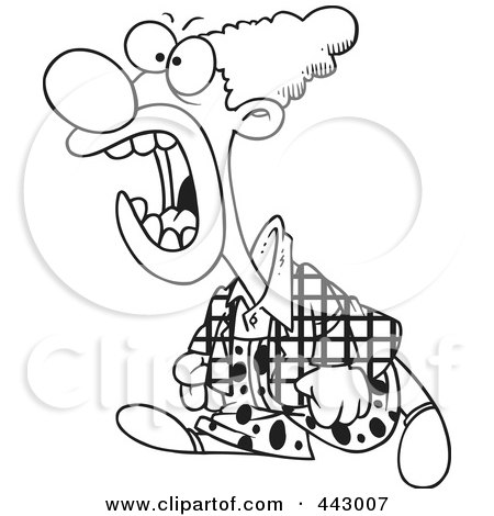 Royalty-Free (RF) Clip Art Illustration of a Cartoon Black And White Outline Design Of A Mad Clown Yelling by toonaday