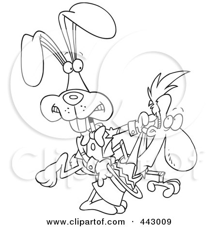 Royalty-Free (RF) Clip Art Illustration of a Cartoon Black And White Outline Design Of A Magician Rabbit Pulling A Man Out Of A Hat by toonaday