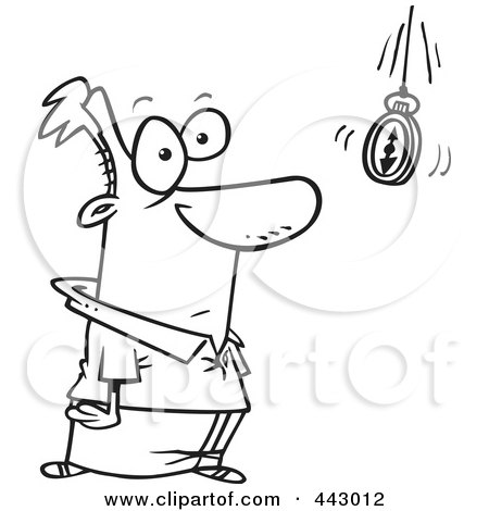 Royalty-Free (RF) Clip Art Illustration of a Cartoon Black And White Outline Design Of A Hypnotized Man Staring At A Swaying Pocket Watch by toonaday