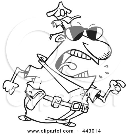 Royalty-Free (RF) Clip Art Illustration of a Cartoon Black And White Outline Design Of A Mad Police Man Pointing His Finger by toonaday