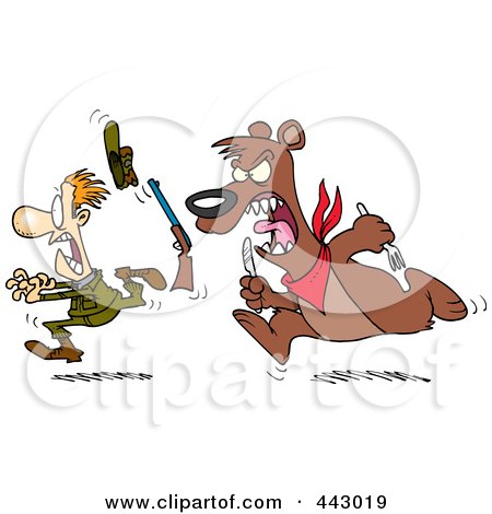 Royalty-Free (RF) Clip Art Illustration of a Cartoon Hungry Bear Chasing A Hunter by toonaday