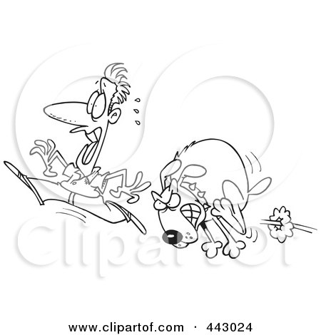 Royalty-Free (RF) Clip Art Illustration of a Cartoon Black And White Outline Design Of A Man Running From A Mad Dog by toonaday