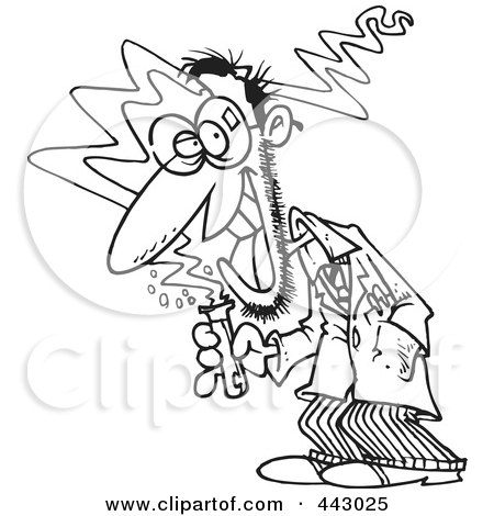 Royalty-Free (RF) Clip Art Illustration of a Cartoon Black And White Outline Design Of A Mad Scientist Holding A Test Tube by toonaday