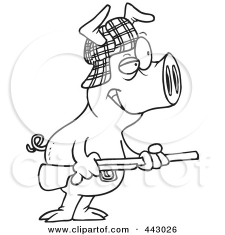 Royalty-Free (RF) Clip Art Illustration of a Cartoon Black And White Outline Design Of A Hunter Pig by toonaday