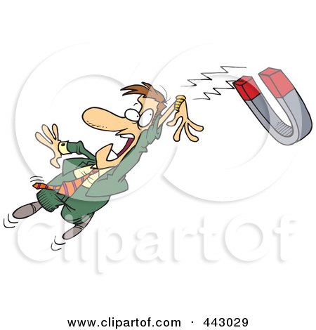 Royalty-Free (RF) Clip Art Illustration of a Cartoon Businessman Being Drawn In By A Magnetic Horseshoe by toonaday