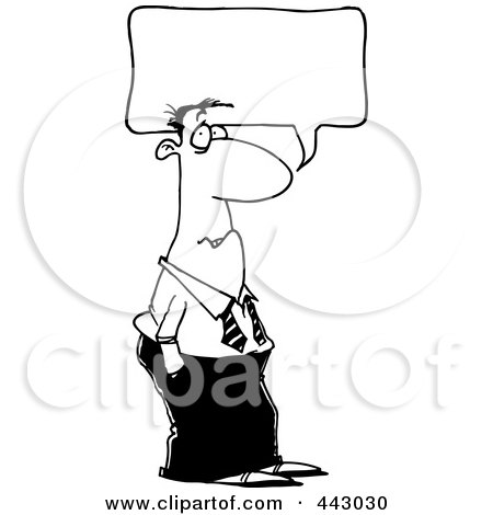 Royalty-Free (RF) Clip Art Illustration of a Cartoon Black And White Outline Design Of A Businessman Talking by toonaday