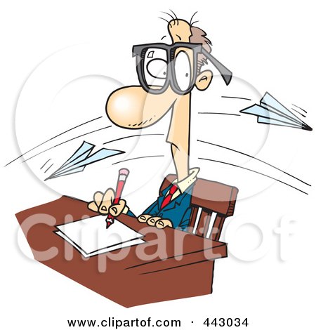 Royalty-Free (RF) Clip Art Illustration of Cartoon Paper Planes Flying Past A Working Businessman by toonaday