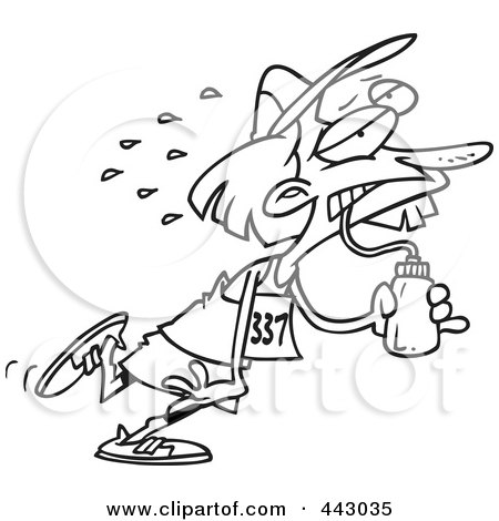 Royalty-Free (RF) Clip Art Illustration of a Cartoon Black And White Outline Design Of A Female Marathon Runner Sucking Up Water by toonaday