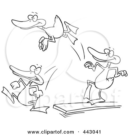 Royalty-Free (RF) Clip Art Illustration of a Cartoon Black And White Outline Design Of Mallard Ducks Jumping Off Of A Diving Board by toonaday