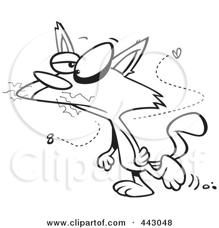 Royalty-Free (RF) Clip Art Illustration of a Cartoon Black And White Outline Design Of A Mangy Stinky Cat Walking Upright by toonaday