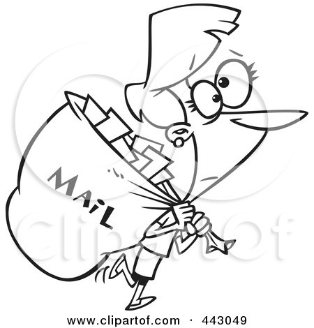 Royalty-Free (RF) Clip Art Illustration of a Cartoon Black And White Outline Design Of A Mail Woman Carrying A Big Bag by toonaday