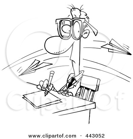 Royalty-Free (RF) Clip Art Illustration of a Cartoon Black And White Outline Design Of Paper Planes Flying Past A Working Businessman by toonaday