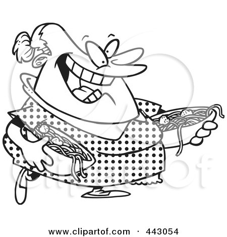 Royalty-Free (RF) Clip Art Illustration of a Cartoon Black And White Outline Design Of A Happy Woman Serving Spaghetti And Meatballs by toonaday