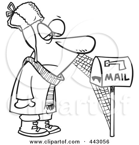 Royalty-Free (RF) Clip Art Illustration of a Cartoon Black And White Outline Design Of A Man Waiting By Mailbox, With Cobwebs by toonaday