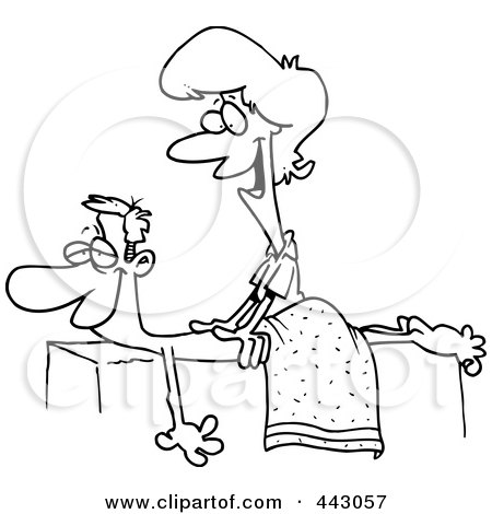 Royalty-Free (RF) Clip Art Illustration of a Cartoon Black And White Outline Design Of A Friendly Female Massage Therapist Massaging A Patient by toonaday