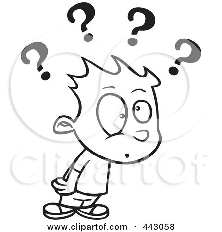 Royalty-Free (RF) Clip Art Illustration of a Cartoon Black And White Outline Design Of A Confused Boy With Many Questions by toonaday