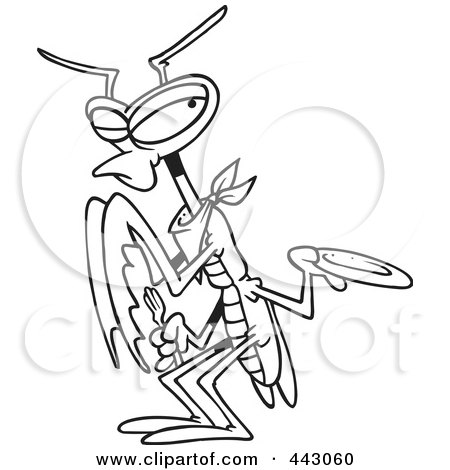 Royalty-Free (RF) Clip Art Illustration of a Cartoon Black And White Outline Design Of A Hungry Praying Mantis Holding Out A Plate by toonaday