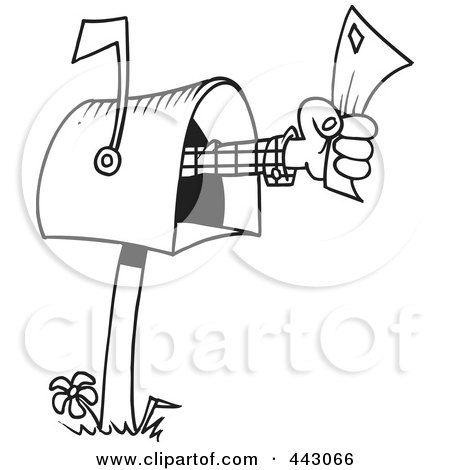 Royalty-Free (RF) Clip Art Illustration of a Cartoon Black And White Outline Design Of A Hand Holding A Letter Out Of A Mailbox by toonaday