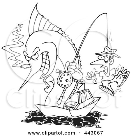 Royalty-Free (RF) Clip Art Illustration of a Cartoon Black And White Outline Design Of A Fishing Marlin With A Man On A Hook by toonaday