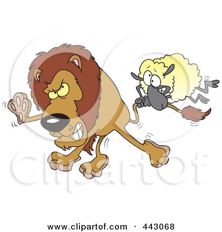 Royalty-Free (RF) Clip Art Illustration of a Cartoon Sheep Attacking A Lion by toonaday