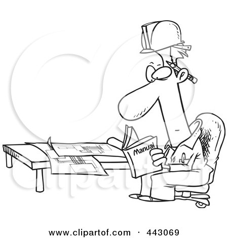 Royalty-Free (RF) Clip Art Illustration of a Cartoon Black And White Outline Design Of An Engineer Reading A Manual By Blue Prints by toonaday