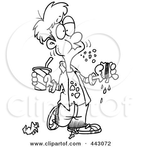 Royalty-Free (RF) Clip Art Illustration of a Cartoon Black And White Outline Design Of A Bad Mannered Boy Eating A Sloppy Sandwich by toonaday