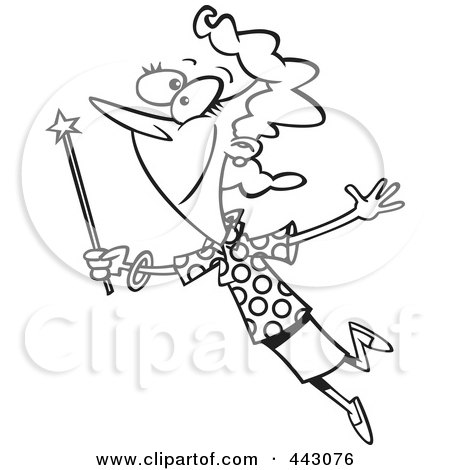 Royalty-Free (RF) Clip Art Illustration of a Cartoon Black And White Outline Design Of A Woman With A Magic Wand by toonaday