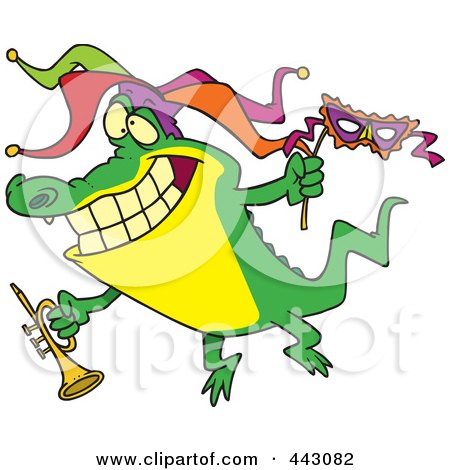 Royalty-Free (RF) Clip Art Illustration of a Cartoon Mardi Gras Crocodile Holding A Trumpet by toonaday