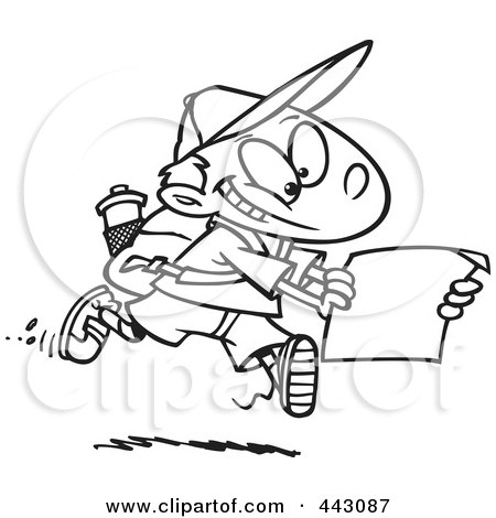 Royalty-Free (RF) Clip Art Illustration of a Cartoon Black And White Outline Design Of A Hiking Boy Using A Map by toonaday