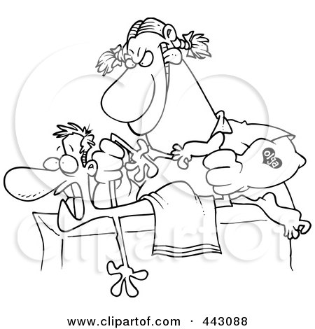 Royalty-Free (RF) Clip Art Illustration of a Cartoon Black And White Outline Design Of A Rough Female Massage Therapist Mangling A Patient by toonaday